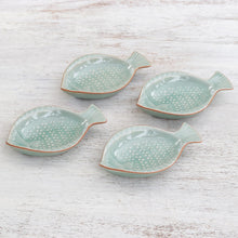 Load image into Gallery viewer, Handcrafted Celadon Ceramic Fish Appetizer Dishes (Set of 4) - Spotted Swimmers | NOVICA
