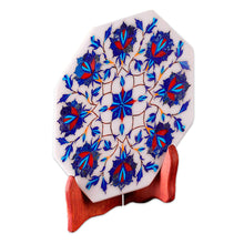 Load image into Gallery viewer, Marble Inlay Decorative Plate with Blue Floral Motifs - Floral Imagination | NOVICA
