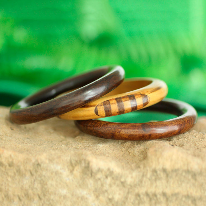 Handmade Mango Wood Bangle Bracelets from India (Set of 3) - Chic Combination | NOVICA
