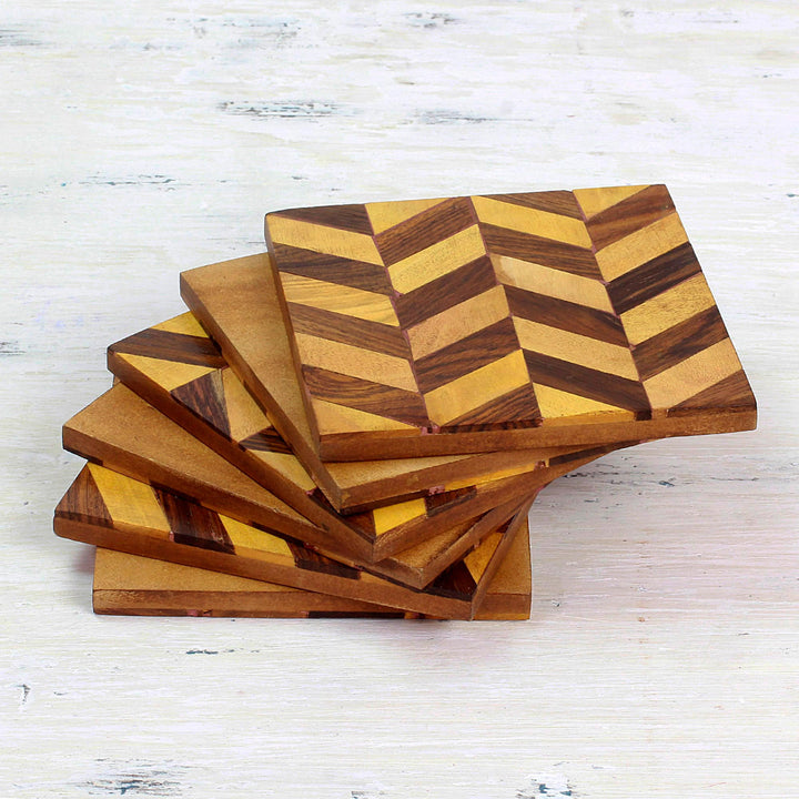 Diagonal Motif Mango Wood Coasters from India (Set of 6) - Diagonal Elegance | NOVICA