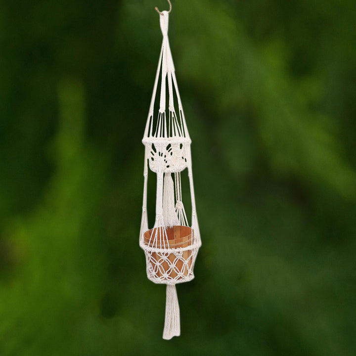 Handwoven Double Cotton Flower Pot Hanger from Bali - Ubud Plants | NOVICA