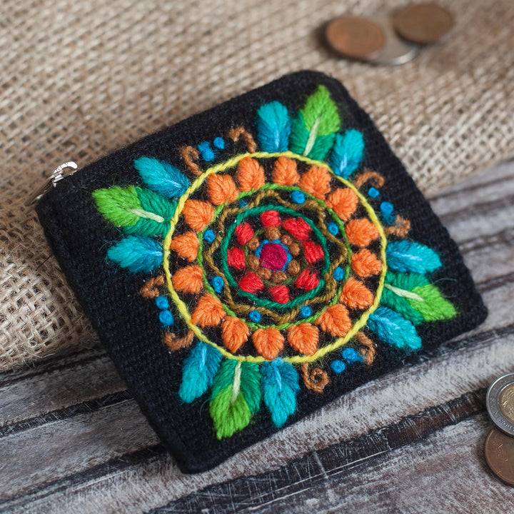Floral Embroidered Alpaca Blend Coin Purse in Black - Colorful Mandala | NOVICA