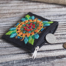 Load image into Gallery viewer, Floral Embroidered Alpaca Blend Coin Purse in Black - Colorful Mandala | NOVICA
