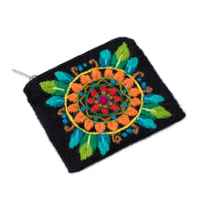 Load image into Gallery viewer, Floral Embroidered Alpaca Blend Coin Purse in Black - Colorful Mandala | NOVICA
