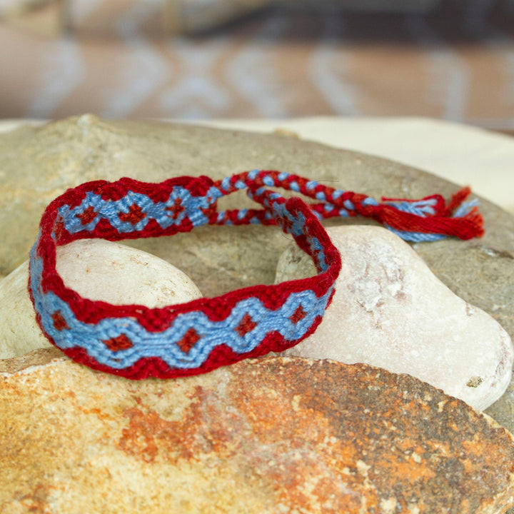 Periwinkle Blue and Russet Red Cotton Macrame Bracelet - Geometric Path | NOVICA