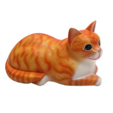 Load image into Gallery viewer, Signed Wood Sculpture of a Lying Cat in Orange from Bali - Lying Cat in Orange | NOVICA
