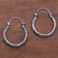 Load image into Gallery viewer, Patterned Sterling Silver Hoop Earrings from Bali - Loop Tradition | NOVICA
