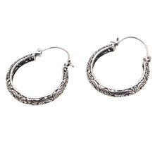 Load image into Gallery viewer, Patterned Sterling Silver Hoop Earrings from Bali - Loop Tradition | NOVICA
