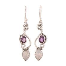 Load image into Gallery viewer, Swirl Motif Rainbow Moonstone and Amethyst Dangle Earrings - Mystical Swirl | NOVICA
