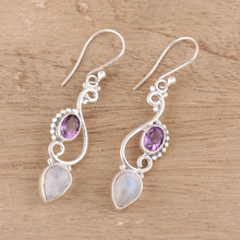 Load image into Gallery viewer, Swirl Motif Rainbow Moonstone and Amethyst Dangle Earrings - Mystical Swirl | NOVICA
