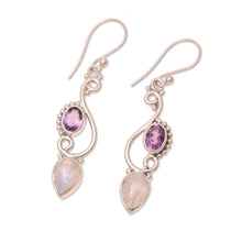 Load image into Gallery viewer, Swirl Motif Rainbow Moonstone and Amethyst Dangle Earrings - Mystical Swirl | NOVICA
