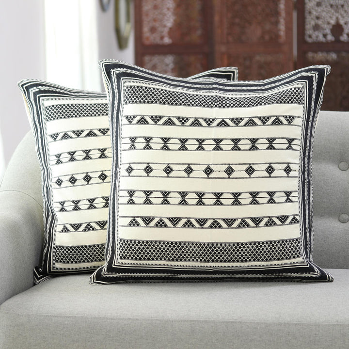 Cotton Cushion Covers with Black Geometric Patterns (Pair) - Geometric Stripes | NOVICA