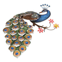Load image into Gallery viewer, Floral Steel Peacock Wall Sculpture from Mexico - Peacock and Flowers | NOVICA
