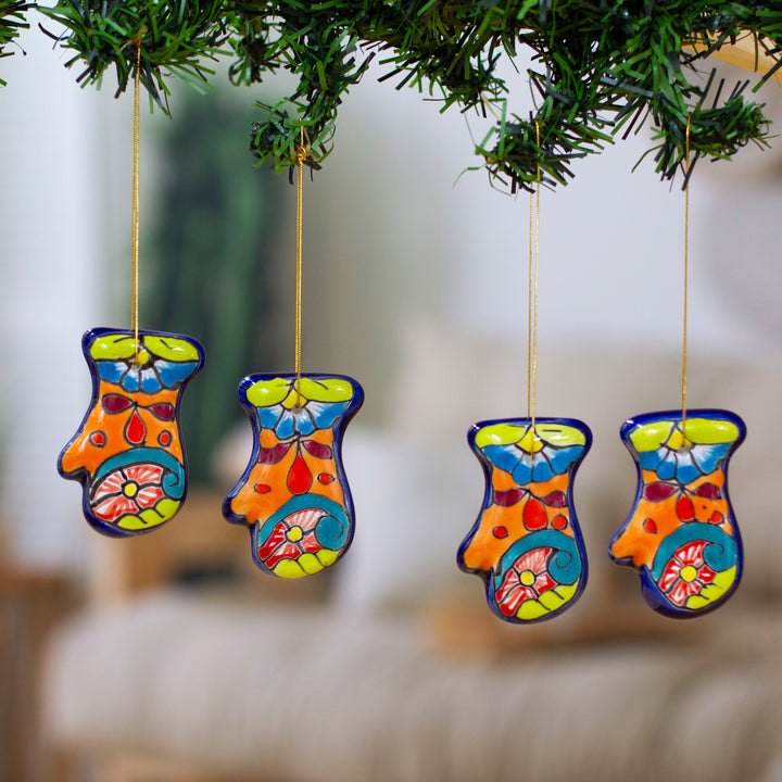 Talavera Ceramic Mitten Ornaments from Mexico (Pair) - Talavera Mittens | NOVICA