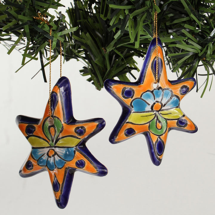 Talavera Ceramic Star Ornaments Crafted in Mexico (Set of 4) - Talavera Stars | NOVICA