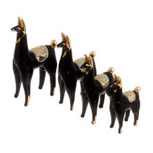 Load image into Gallery viewer, Set of 4 Black Glass Llama Figurines with Gilded Accents - Black Llamas of the Andes | NOVICA
