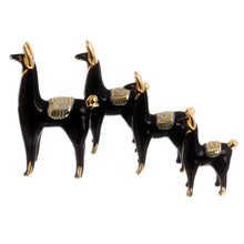 Load image into Gallery viewer, Set of 4 Black Glass Llama Figurines with Gilded Accents - Black Llamas of the Andes | NOVICA
