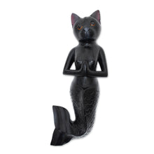 Load image into Gallery viewer, Black Suar Wood Mermaid Cat Wall Sculpture from Bali - Black Mermaid Cat | NOVICA

