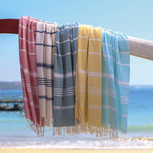 Load image into Gallery viewer, Striped Cotton Beach Towel in Teal from Guatemala - Sweet Relaxation in Teal | NOVICA
