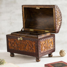 Load image into Gallery viewer, Vine Pattern Leather and Wood Jewelry Chest from Peru - Colonial Style | NOVICA
