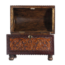 Load image into Gallery viewer, Vine Pattern Leather and Wood Jewelry Chest from Peru - Colonial Style | NOVICA
