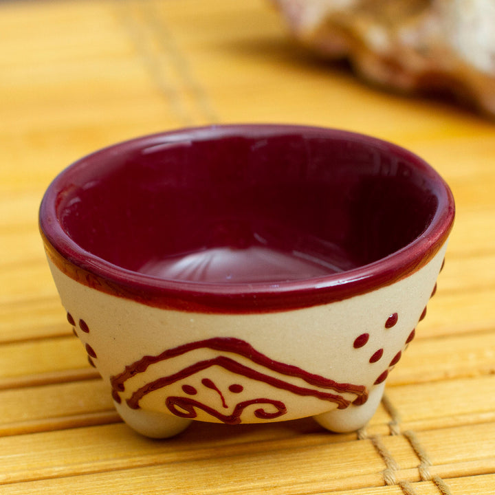 Hand-Painted Ceramic Pinch Bowl in Maroon - Maroon Lines | NOVICA