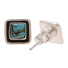 Load image into Gallery viewer, Square Sterling Silver and Composite Turquoise Stud Earrings - Mystic Frame | NOVICA
