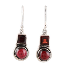 Load image into Gallery viewer, Square and Circular Garnet Dangle Earrings from India - Glittering Combo | NOVICA
