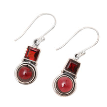 Load image into Gallery viewer, Square and Circular Garnet Dangle Earrings from India - Glittering Combo | NOVICA
