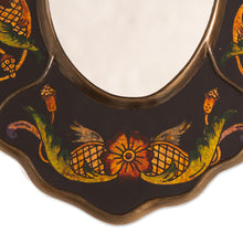 Load image into Gallery viewer, Black Floral Reverse-Painted Glass Wall Mirror from Peru - Black Colonial Wreath | NOVICA
