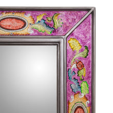 Load image into Gallery viewer, Floral Reverse-Painted Glass Wall Mirror in Purple from Peru - Floral Medallions in Purple | NOVICA
