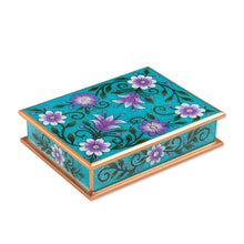 Load image into Gallery viewer, Purple and Blue Reverse-Painted Glass Decorative Box - Margarita Bliss in Blue | NOVICA
