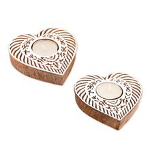 Load image into Gallery viewer, Heart-Shaped Mango Wood Tealight Holders from India (Pair) - Heart Blocks | NOVICA
