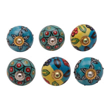 Load image into Gallery viewer, Vibrant Floral Ceramic Knobs from India (Set of 6) - Charming Globes | NOVICA
