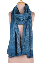 Load image into Gallery viewer, Striped Block-Printed Cotton Shawl in Indigo from India - Indigo Stripes | NOVICA
