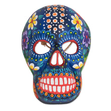 Load image into Gallery viewer, Hand-Painted Blue Floral Wood Skull Mask from Guatemala - Life and Happiness | NOVICA
