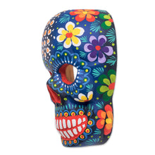 Load image into Gallery viewer, Hand-Painted Blue Floral Wood Skull Mask from Guatemala - Life and Happiness | NOVICA
