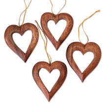 Load image into Gallery viewer, Heart-Shaped Suar Wood Ornaments from Bali (Set of 4) - Heart Grain | NOVICA
