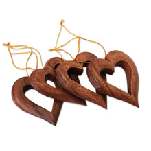 Load image into Gallery viewer, Heart-Shaped Suar Wood Ornaments from Bali (Set of 4) - Heart Grain | NOVICA
