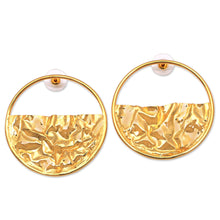 Load image into Gallery viewer, Circular Modern Gold-Plated Brass Drop Earrings from Bali - Surface Waves | NOVICA
