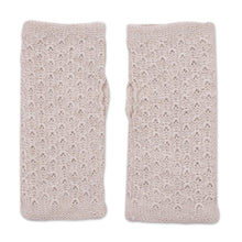 Load image into Gallery viewer, Patterned 100% Baby Alpaca Fingerless Mitts in Ivory - Gossamer Champagne | NOVICA
