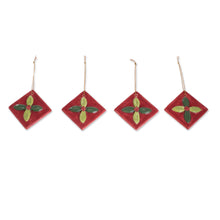 Load image into Gallery viewer, Green and Red Ceramic Mistletoe Ornaments (Set of 4) - Mistletoe | NOVICA
