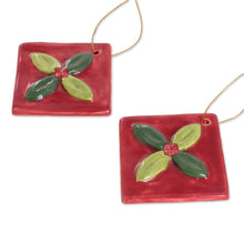 Load image into Gallery viewer, Green and Red Ceramic Mistletoe Ornaments (Set of 4) - Mistletoe | NOVICA
