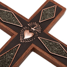 Load image into Gallery viewer, Copper and Wood Wall Cross with Pyrite Accents from Peru - Faith Glitters | NOVICA
