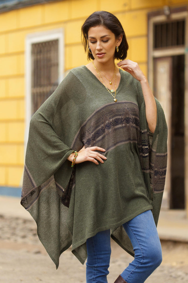Woven Cotton Blend Poncho in Olive Green from Peru - Olive Mountain | NOVICA