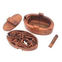 Load image into Gallery viewer, Floral Suar Wood Puzzle Box from Bali - Plumeria Oval | NOVICA

