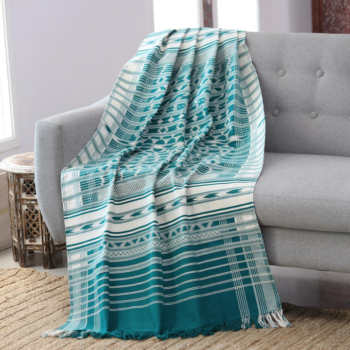 Geometric Striped Cotton Throw in Emerald and Alabaster - Geometric Elegance in Emerald | NOVICA