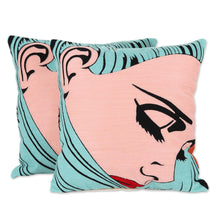 Load image into Gallery viewer, Comic Book-Style Embroidered Cotton Cushion Covers (Pair) - Nostalgia | NOVICA
