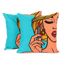 Load image into Gallery viewer, Embroidered Cotton Cushion Covers of a Woman (Pair) - Lipstick | NOVICA
