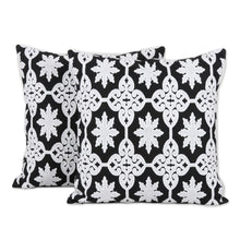 Load image into Gallery viewer, Two Embroidered Cotton Cushion Covers in Black and White - Midnight Royalty | NOVICA

